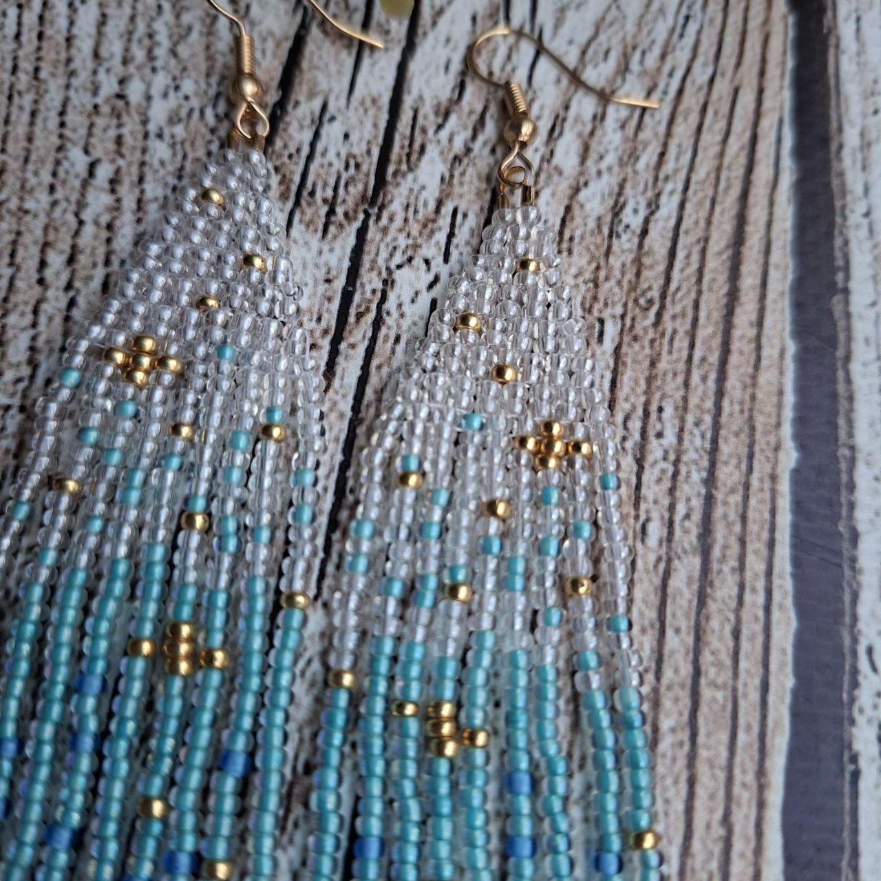 Detailed bead texture in handcrafted fringe earrings blue palette