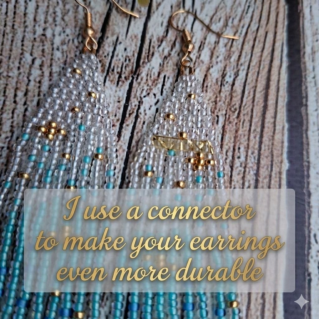 Lightweight long beaded earrings in white blue tones with flowing fringe