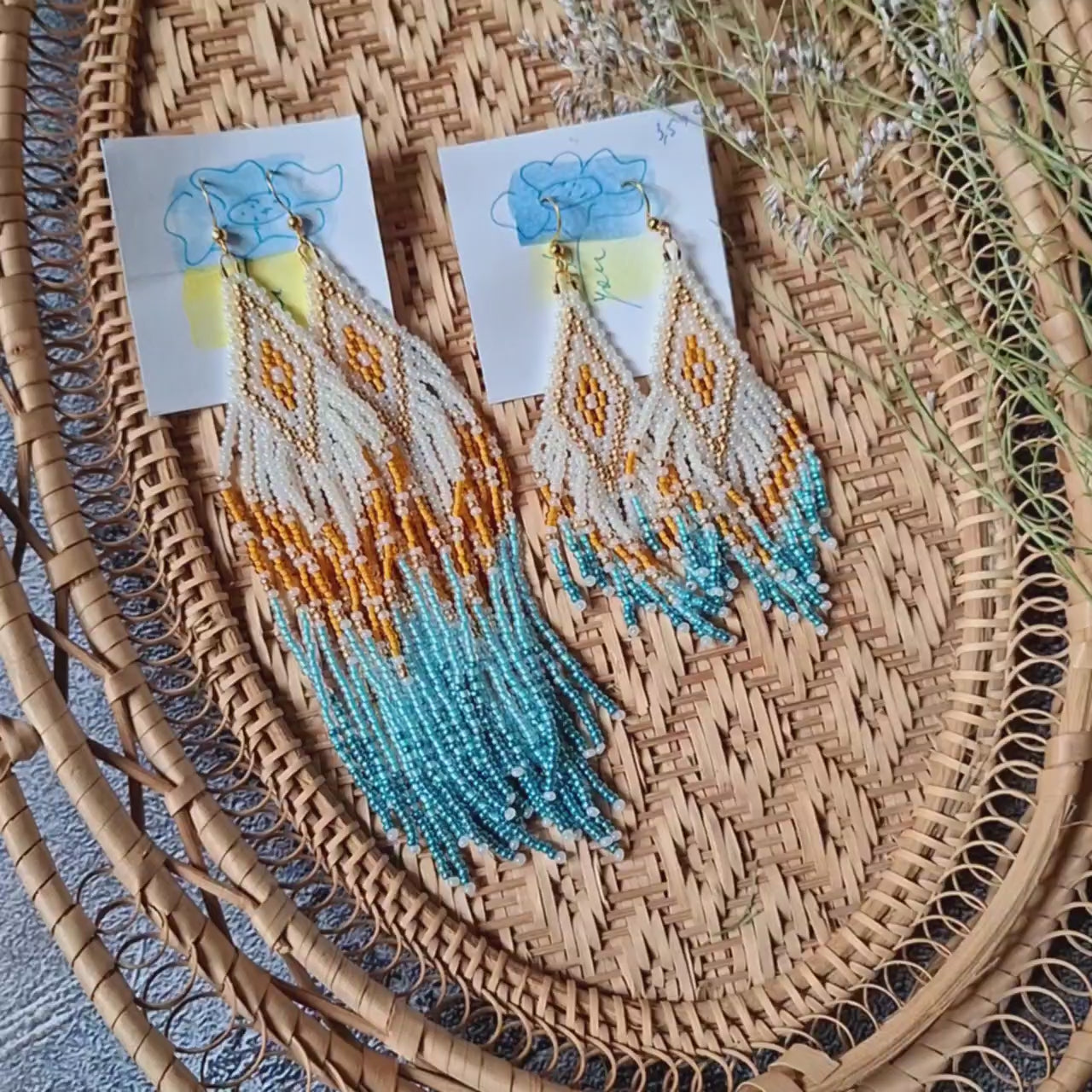 Long boho beaded earrings in white turquoise and gold